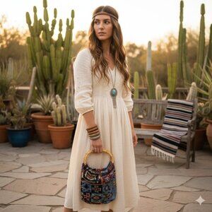 Handmade Boho Southwestern Ethnic Shoulder Bag Bamboo Handle Colorful Hobo Purse